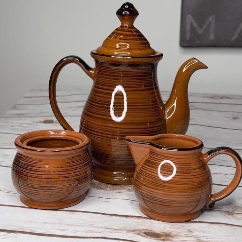 Vintage Japan Ceramic Tea Coffee Set‎ Brown Striped Teapot Creamer Sugar 3pc OS